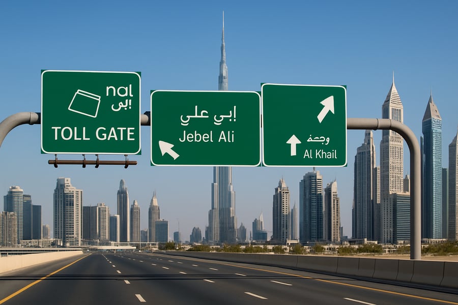 Dubai skyline with toll road signs