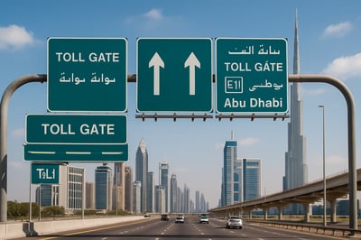 Dubai skyline with toll road signs